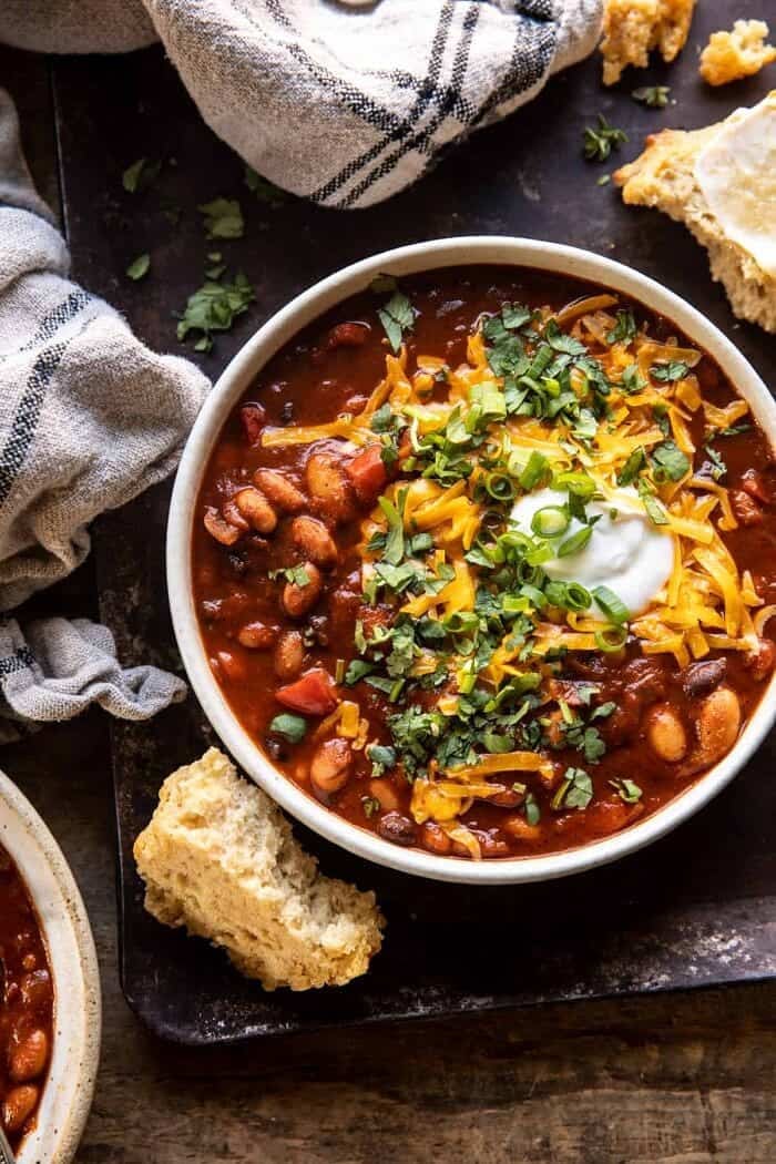 Healthy Slow Cooker Chipotle Bean Chili | halfbakedharvest.com overhead photo of Healthy Slow Cooker Chipotle Bean Chili