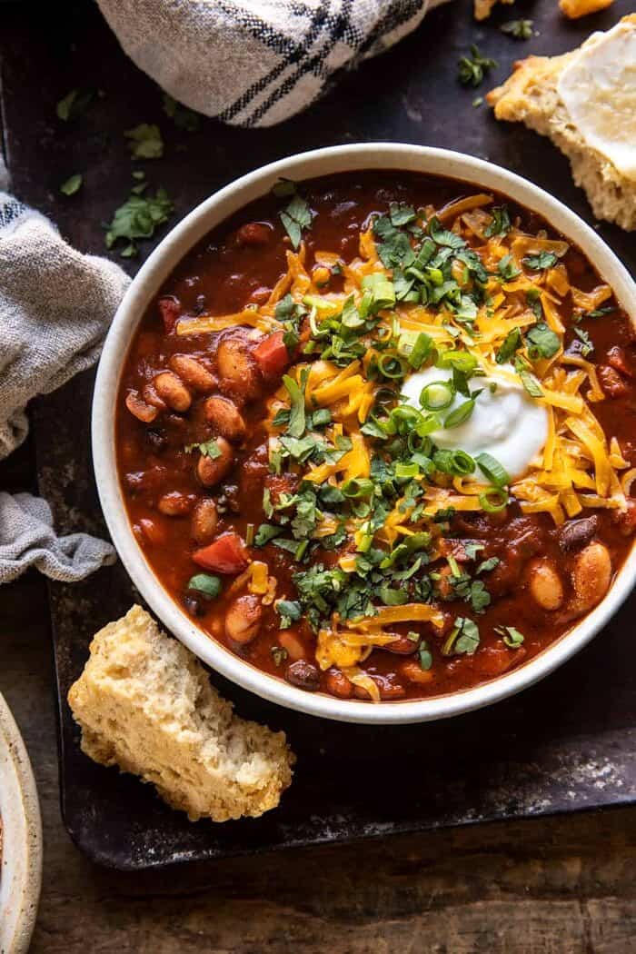 Healthy Slow Cooker Chipotle Bean Chili | halfbakedharvest.com overhead close up photo of Healthy Slow Cooker Chipotle Bean Chili