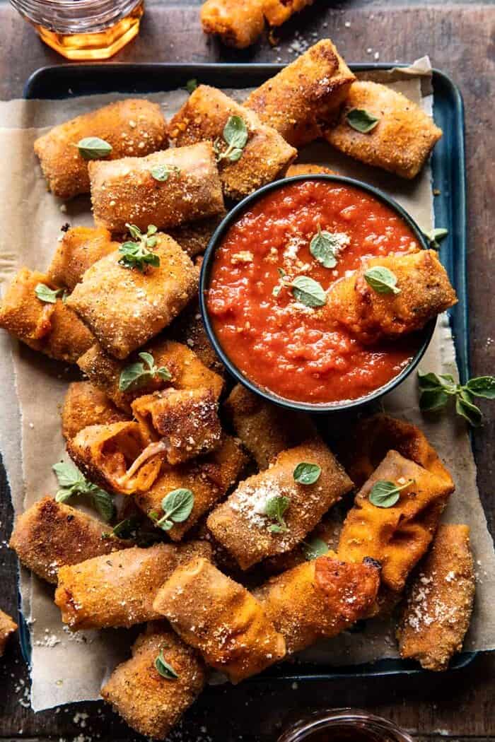 Homemade Cheesy Pizza Rolls | halfbakedharvest.com overhead photo of Homemade Cheesy Pizza Rolls