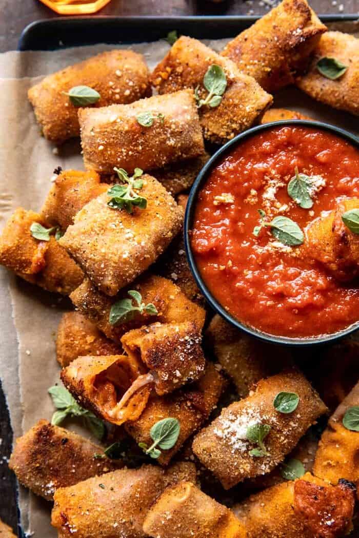 Homemade Cheesy Pizza Rolls | halfbakedharvest.com overhead close up photo of Homemade Cheesy Pizza Rolls