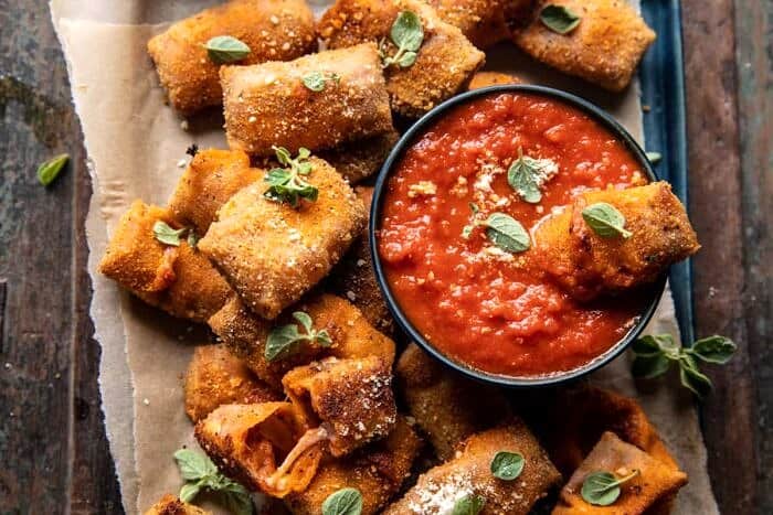 Homemade Cheesy Pizza Rolls | halfbakedharvest.com overhead photo of Homemade Cheesy Pizza Rolls