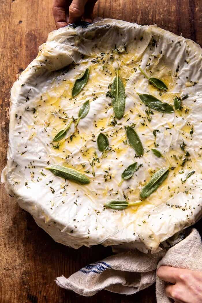 Skillet Chicken Broccoli Pot Pie with Garlic Butter Phyllo Crust | halfbakedharvest.com overhead photo of Skillet Chicken Broccoli Pot Pie with Garlic Butter Phyllo Crust before baking