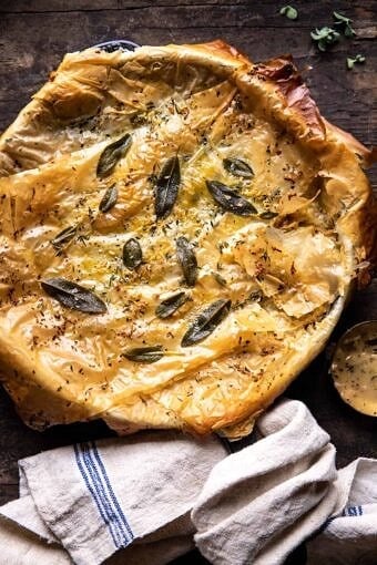 Skillet Chicken Broccoli Pot Pie with Garlic Butter Phyllo Crust | halfbakedharvest.com