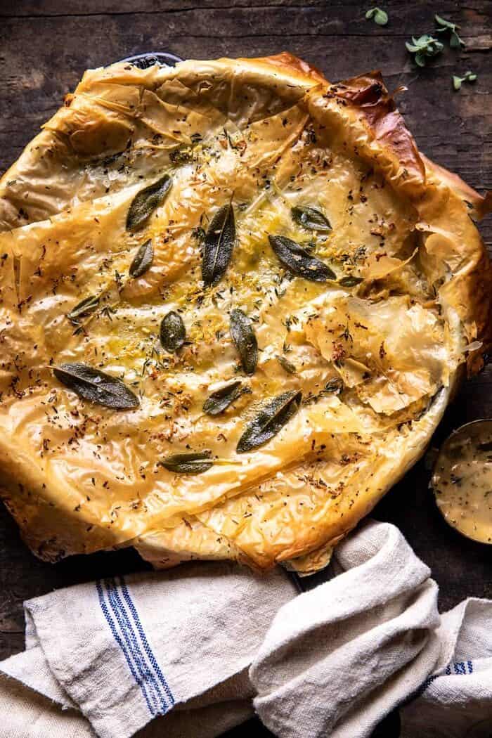 Skillet Chicken Broccoli Pot Pie with Garlic Butter Phyllo Crust | halfbakedharvest.com