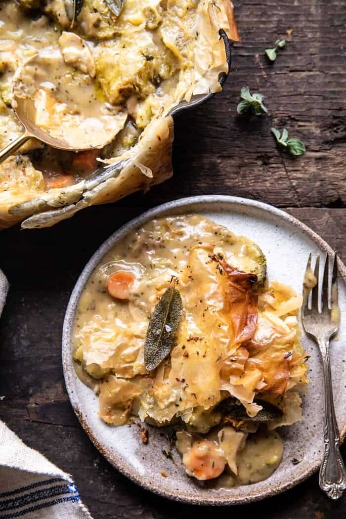 Skillet Chicken Broccoli Pot Pie with Garlic Butter Phyllo Crust | halfbakedharvest.com Skillet Chicken Broccoli Pot Pie with Garlic Butter Phyllo Crust on plate