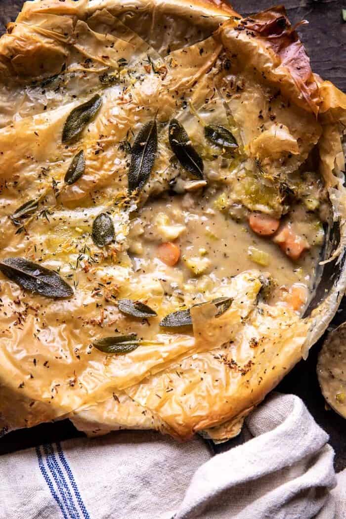 Skillet Chicken Broccoli Pot Pie with Garlic Butter Phyllo Crust | halfbakedharvest.com overhead close up photo of Skillet Chicken Broccoli Pot Pie with Garlic Butter Phyllo Crust