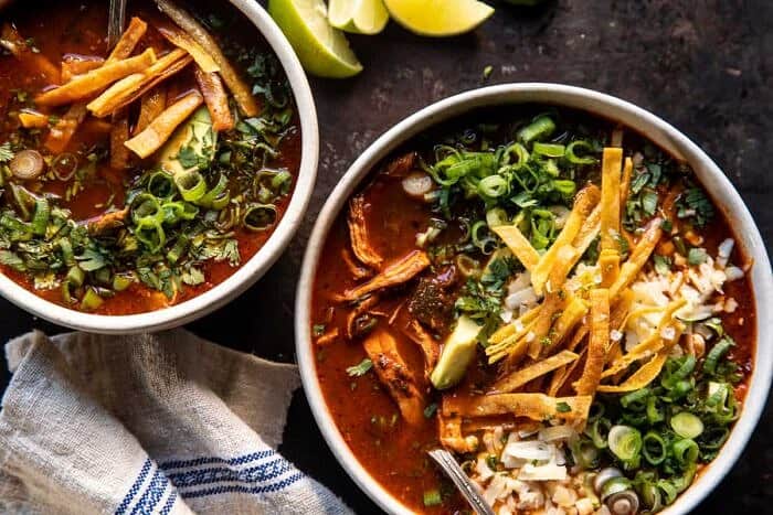 Slow Cooker Chipotle Chicken Tortilla Soup with Salty Lime Chips | halfbakedharvest.com overhead photo of Slow Cooker Chipotle Chicken Tortilla Soup with Salty Lime Chips