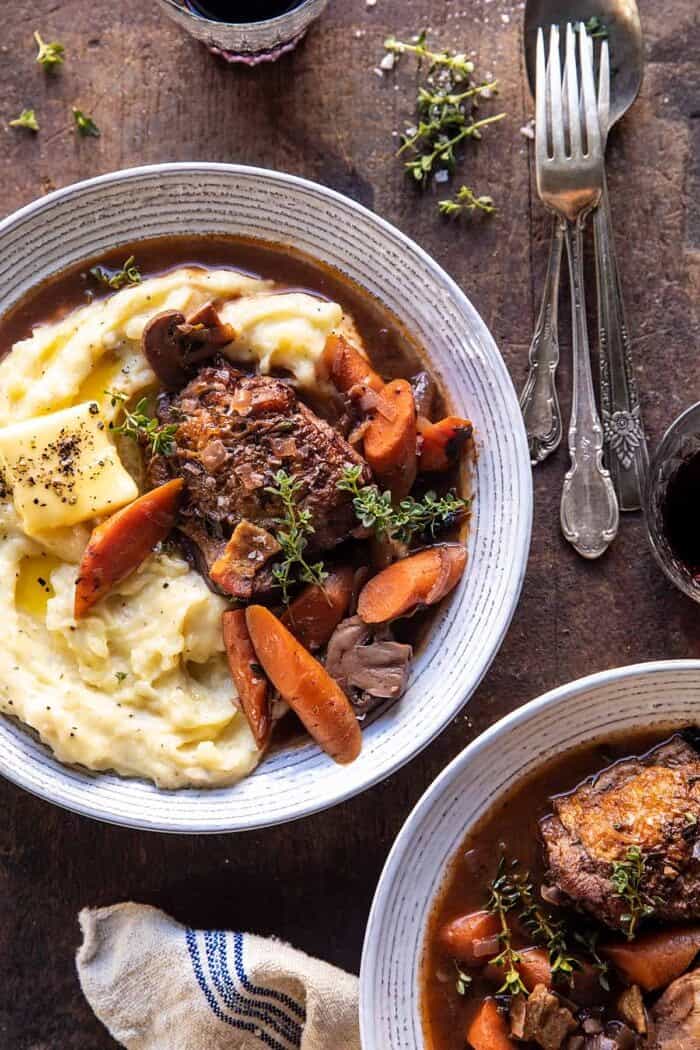 Slow Cooker Coq au Vin with Parmesan Mashed Potatoes | halfbakedharvest.com