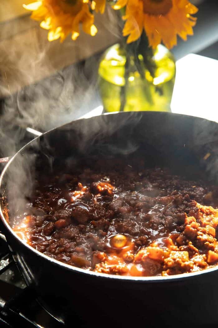 prep photo of Slow Cooker Saucy Sunday Bolognese sauce cooking on stove