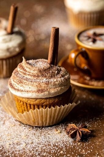 Vanilla Chai Pumpkin Latte Cupcakes with Cinnamon Brown Sugar Frosting | halfbakedhavest.com