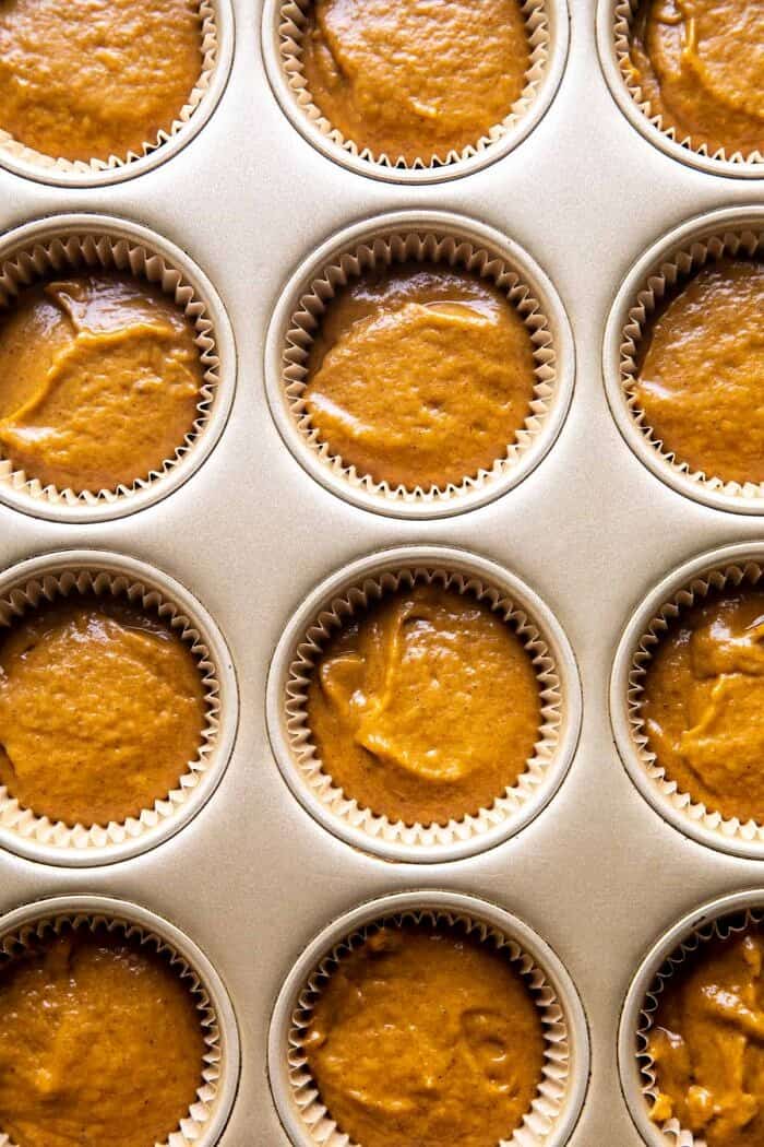 Vanilla Chai Pumpkin Latte Cupcakes with Cinnamon Brown Sugar Frosting | halfbakedhavest.com overhead photo of Vanilla Chai Pumpkin Latte Cupcake batter before baking