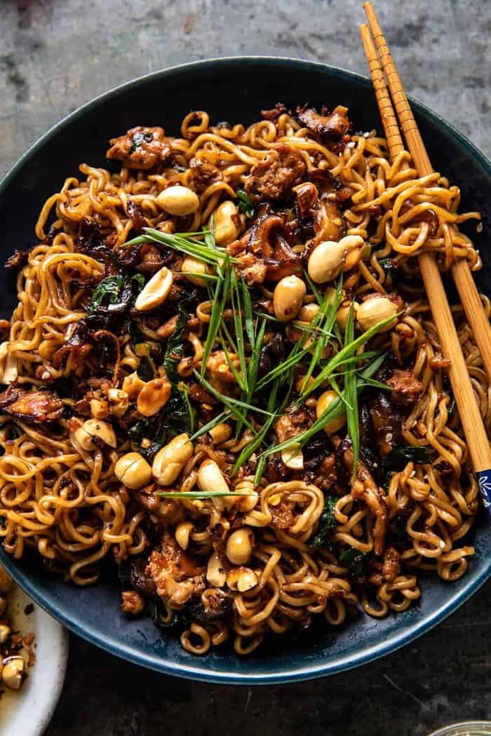 30 Minute Spicy Sesame Noodles with Ginger Chicken | halfbakedharvest.com overhead close up photo of 30 Minute Spicy Sesame Noodles with Ginger Chicken