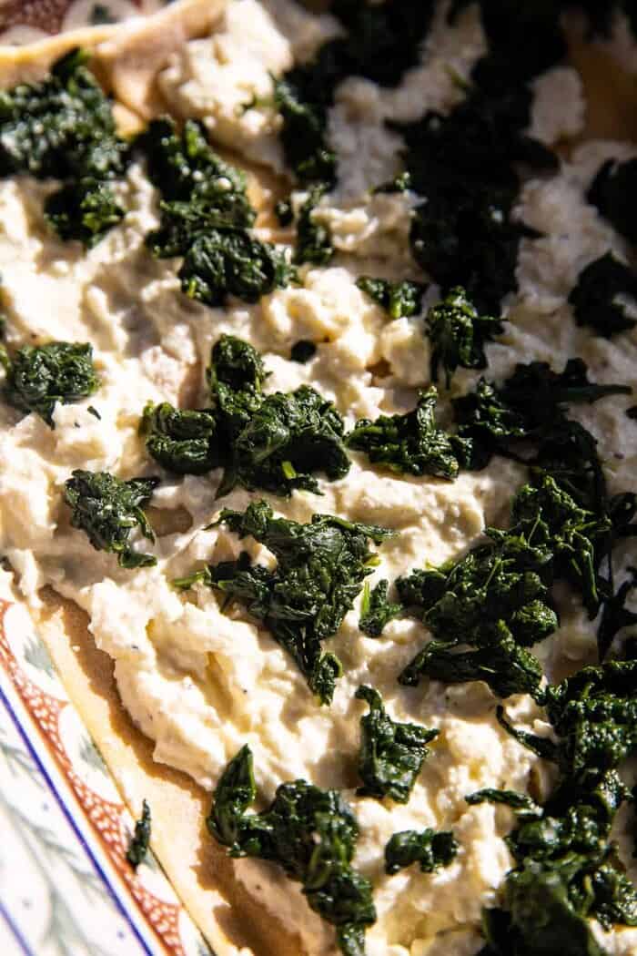 4 Cheese Sage Pesto Florentine Lasagna | halfbakedharvest.com prep photo of 4 Cheese Sage Pesto Florentine Lasagna before baking