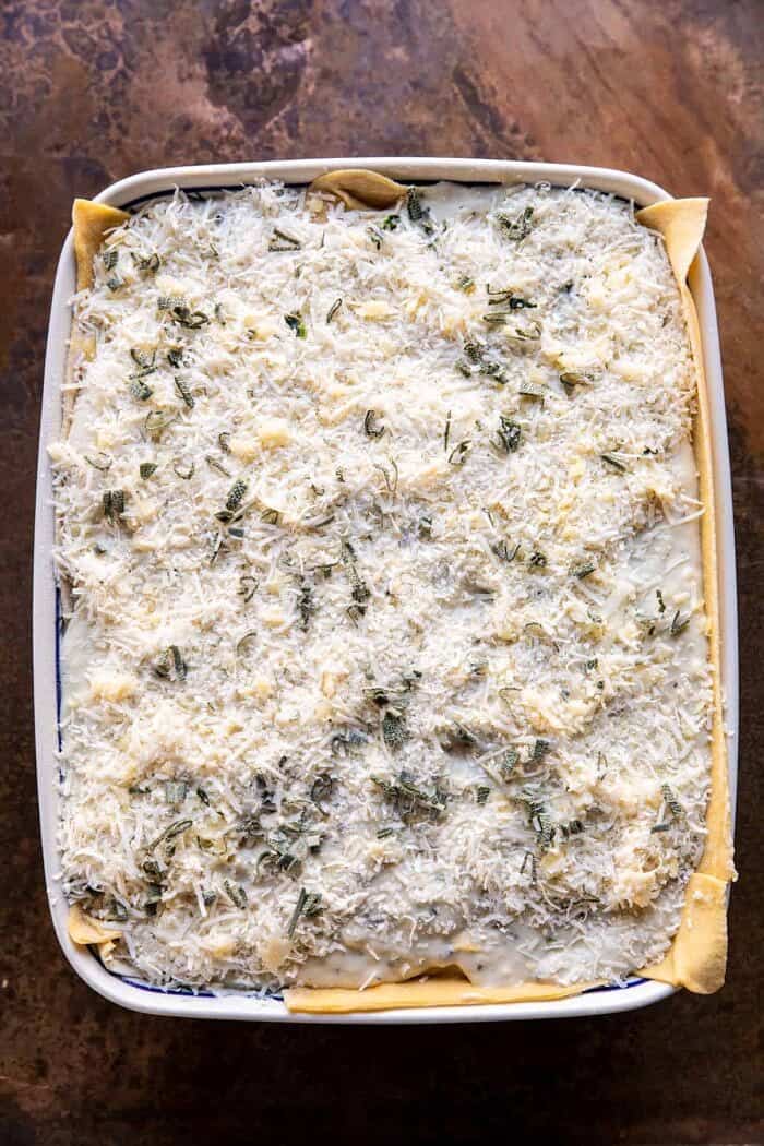 4 Cheese Sage Pesto Florentine Lasagna | halfbakedharvest.com prep photo of 4 Cheese Sage Pesto Florentine Lasagna before baking