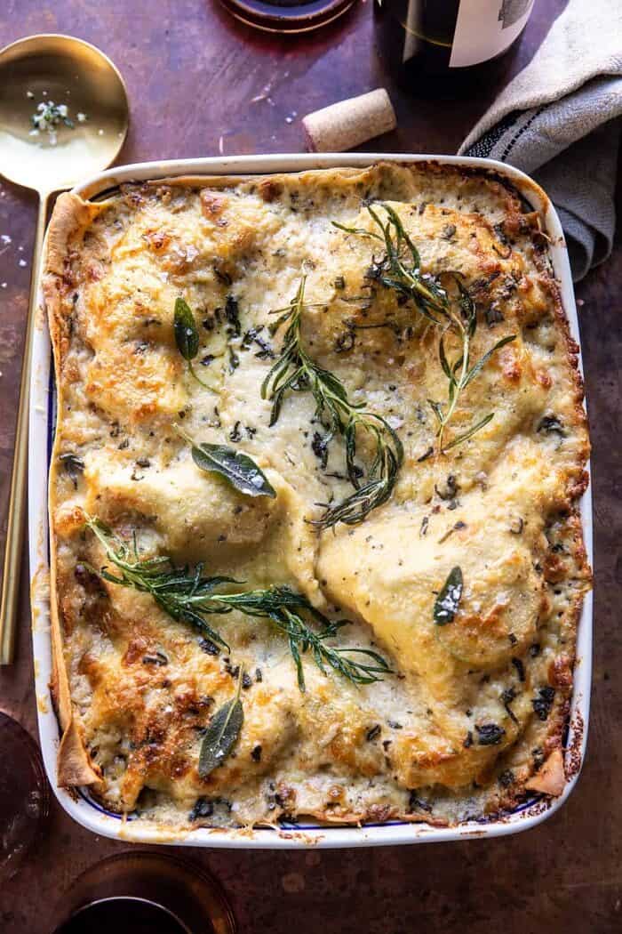 4 Cheese Sage Pesto Florentine Lasagna | halfbakedharvest.com overhead photo of 4 Cheese Sage Pesto Florentine Lasagna