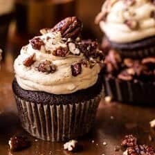 Chocolate Bourbon Pecan Pie Cupcakes with Butter Pecan Frosting | halfbakedharvest.com