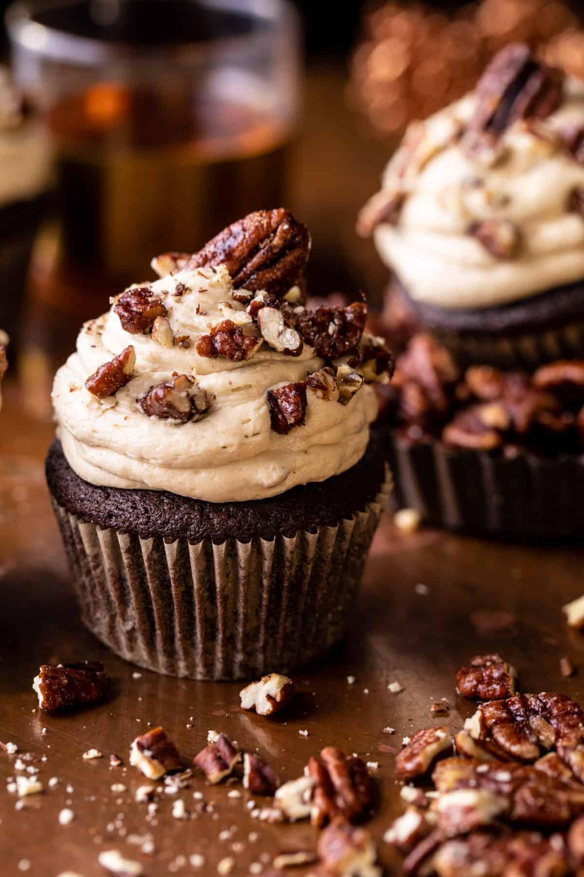 Chocolate Bourbon Pecan Pie Cupcakes with Butter Pecan Frosting | halfbakedharvest.com
