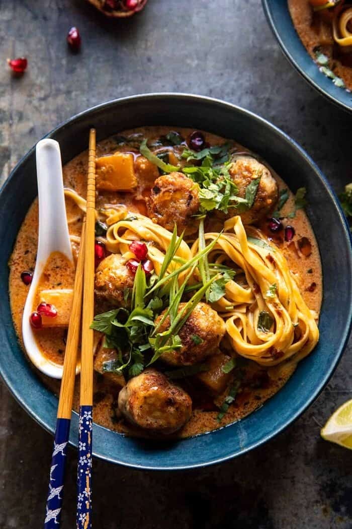 Creamy Coconut Chicken Meatball and Noodle Curry | halfbakedharvest.com overhead close up photo of Creamy Coconut Chicken Meatball and Noodle Currym