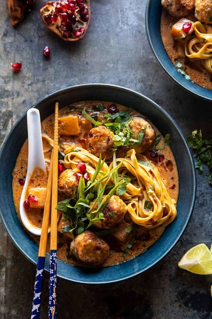Creamy Coconut Chicken Meatball and Noodle Curry | halfbakedharvest.com overhead photo of Creamy Coconut Chicken Meatball and Noodle Curry