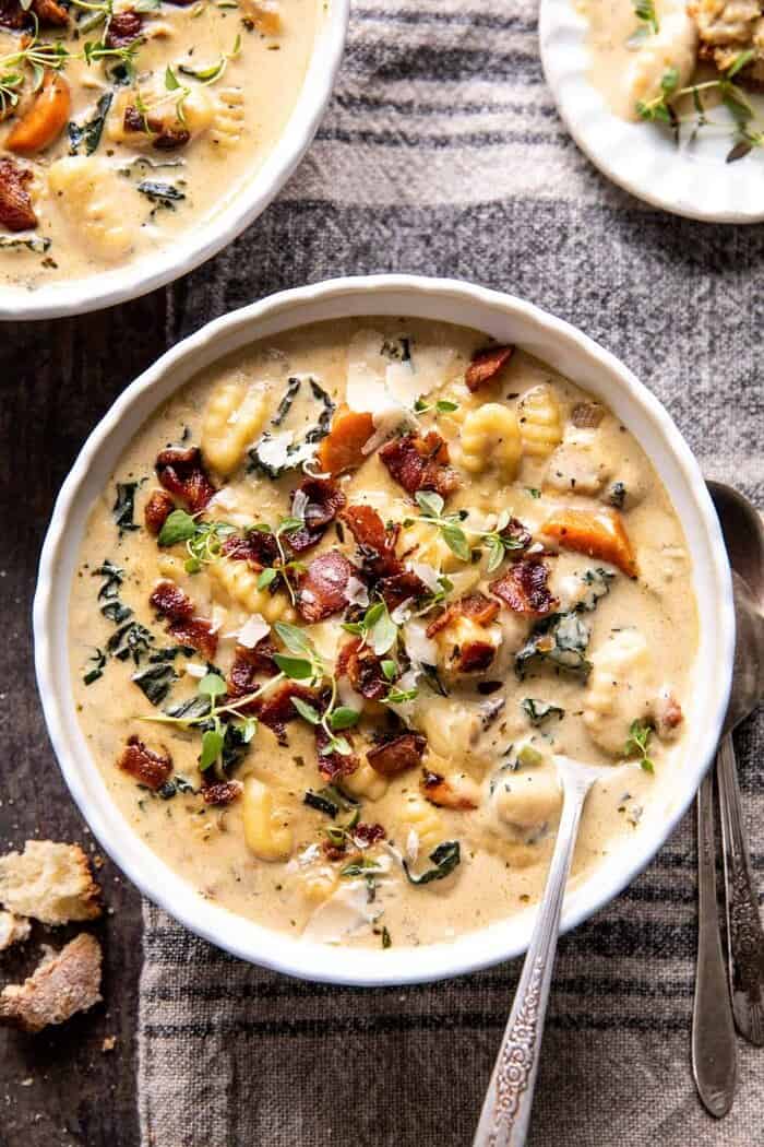 Creamy Gnocchi Soup with Rosemary Bacon | halfbakedharvest.com overhead photo of Creamy Gnocchi Soup with Rosemary Bacon