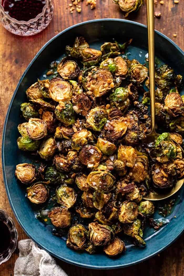 Fried Brussels Sprouts with Cider Vinaigrette and Bacon Breadcrumbs | halfbakedharvest.com overhead photo of Fried Brussels Sprouts with Cider Vinaigrette and Bacon Breadcrumbs
