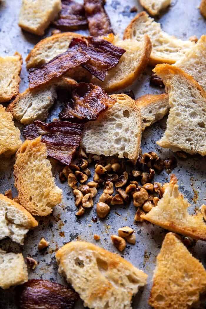 Fried Brussels Sprouts with Cider Vinaigrette and Bacon Breadcrumbs | halfbakedharvest.com prep photo of Bacon Breadcrumbs