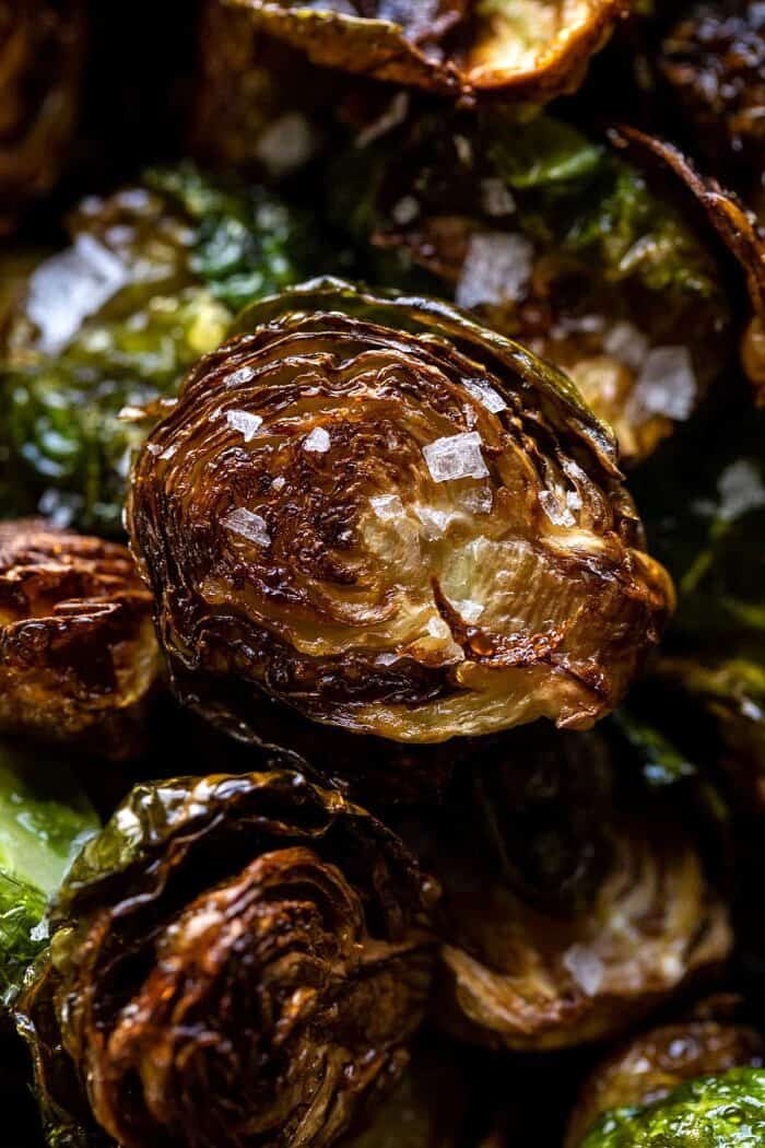 Fried Brussels Sprouts with Cider Vinaigrette and Bacon Breadcrumbs | halfbakedharvest.com overhead close up photo of Fried Brussels Sprouts