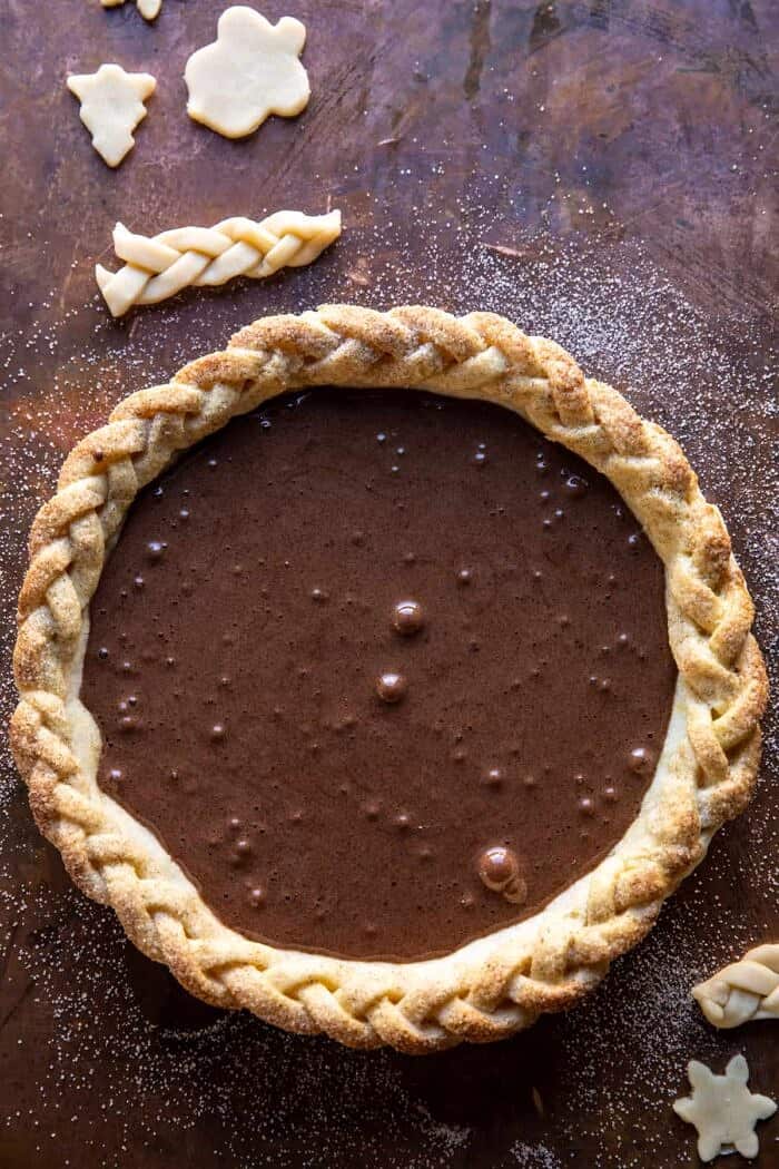 Molten Chocolate Crackle Pie | halfbakedharvest.com prep photo of Molten Chocolate Crackle Pie before baking