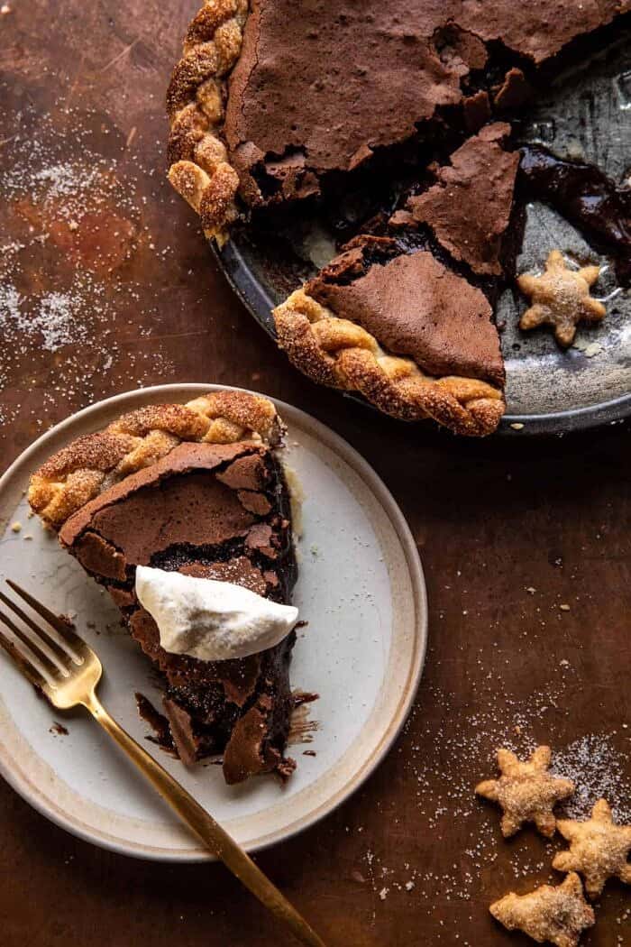 Molten Chocolate Crackle Pie | halfbakedharvest.com overhead photo of Molten Chocolate Crackle Pie slice