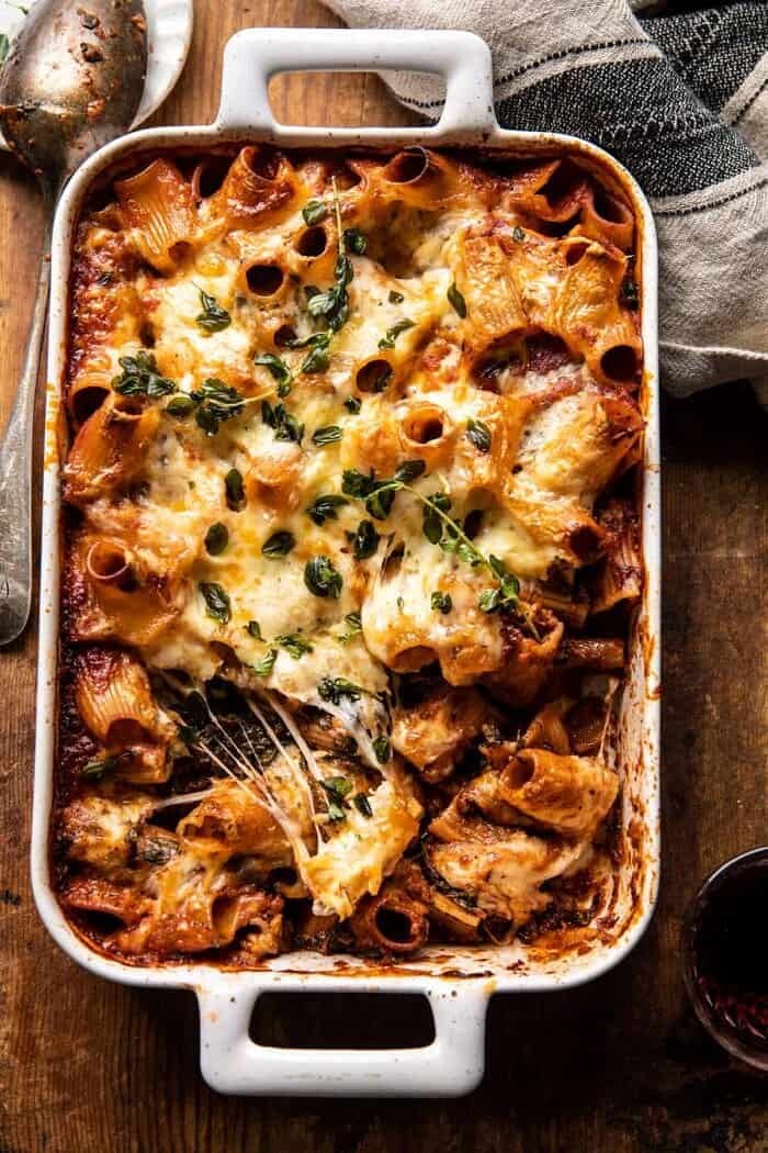 One Pan 4 Cheese Sun-Dried Tomato and Spinach Pasta Bake | halfbakedharvest.com overhead photo of One Pan 4 Cheese Sun-Dried Tomato and Spinach Pasta Bake