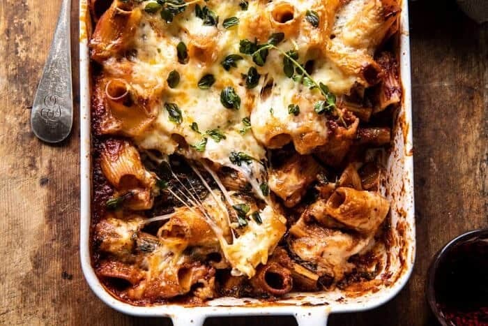 One Pan 4 Cheese Sun-Dried Tomato and Spinach Pasta Bake | halfbakedharvest.com overhead horizontal photo of One Pan 4 Cheese Sun-Dried Tomato and Spinach Pasta Bake