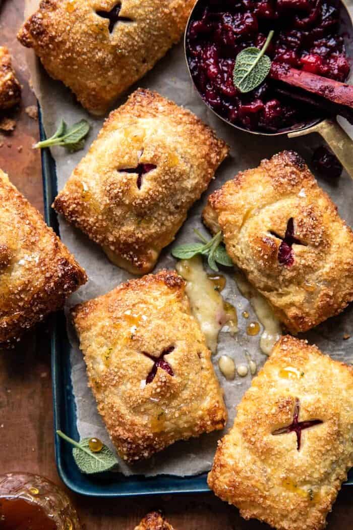 Pastry Wrapped Cranberry Baked Brie Bites | halfbakedharvest.com overhead photo of Pastry Wrapped Cranberry Baked Brie Bites