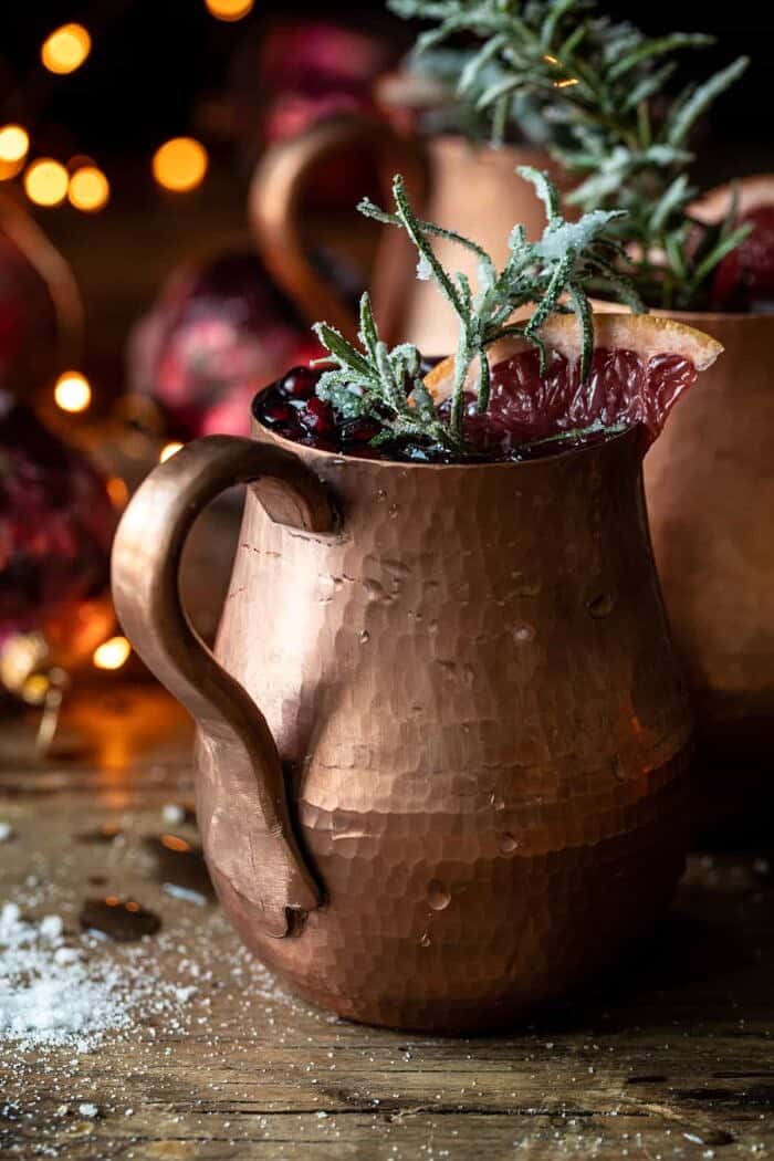 Pomegranate Champagne Mule | halfbakedharvest.com side angled photo of Pomegranate Champagne Mule