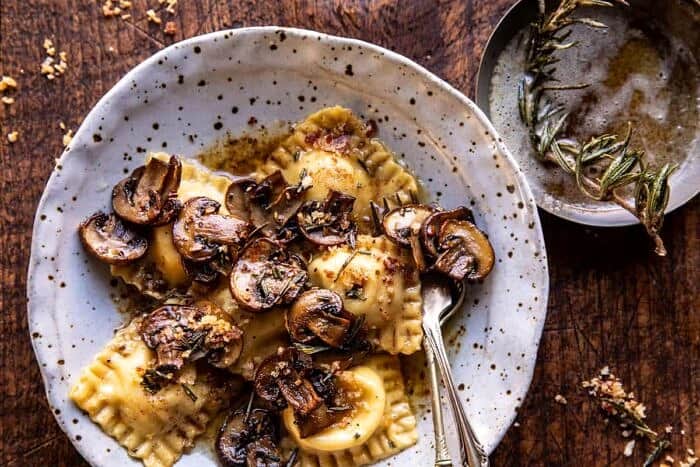 Rosemary Butter Mushroom and Cheese Ravioli | halfbakedharvest.com overhead horizontal photo of Rosemary Butter Mushroom and Cheese Ravioli