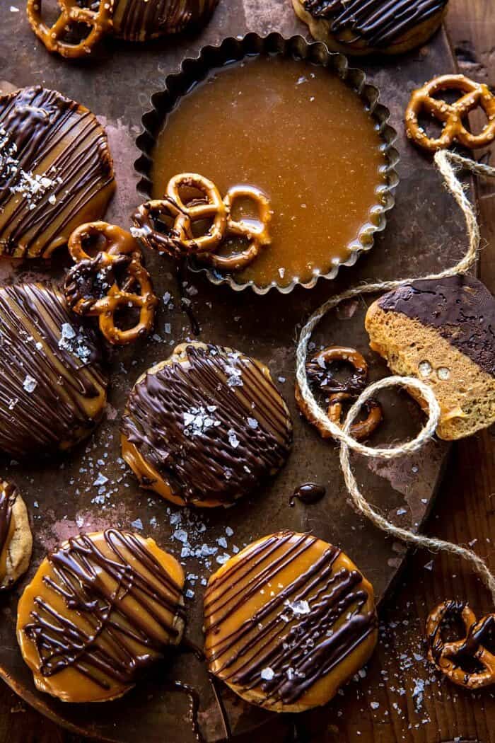 Slice n’ Bake Bourbon Caramel Pretzel Cookies | halfbakedharvest.com overhead photo of Slice n’ Bake Bourbon Caramel Pretzel Cookies