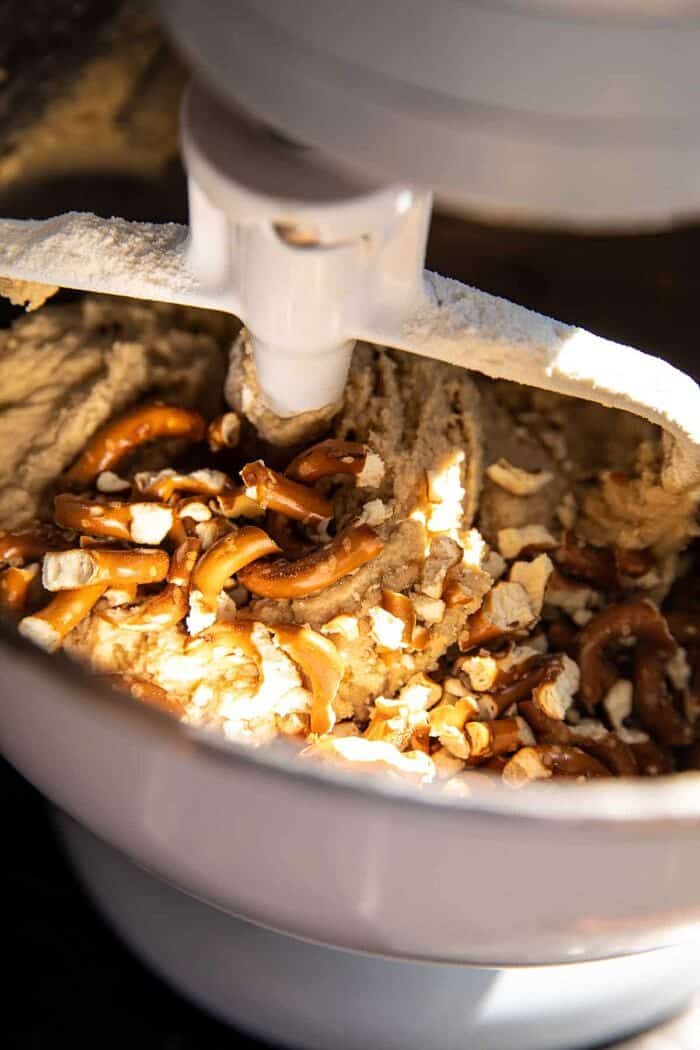 Slice n’ Bake Bourbon Caramel Pretzel Cookies | halfbakedharvest.com prep photo of mixing cookie dough