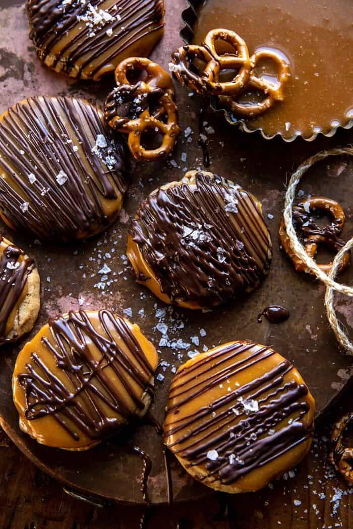 Slice n’ Bake Bourbon Caramel Pretzel Cookies | halfbakedharvest.com overhead photo of Slice n’ Bake Bourbon Caramel Pretzel Cookies