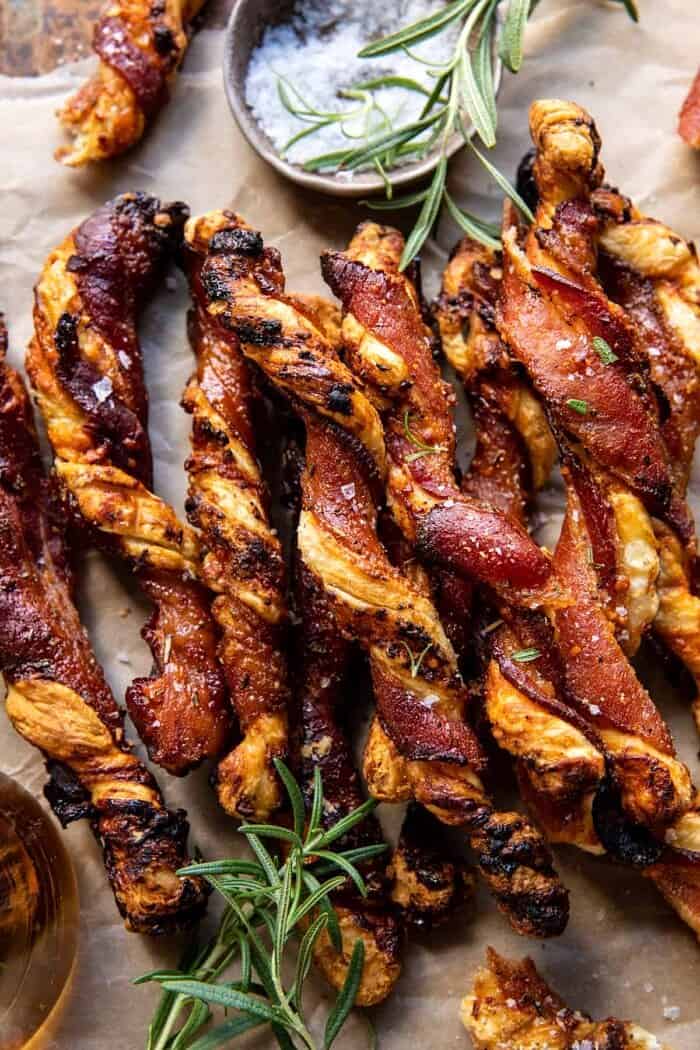 Sweet and Savory Cheesy Bacon Wrapped Puff Pastry Twist | halfbakedharvest.com overhead close up photo of Sweet and Savory Cheesy Bacon Wrapped Puff Pastry Twist