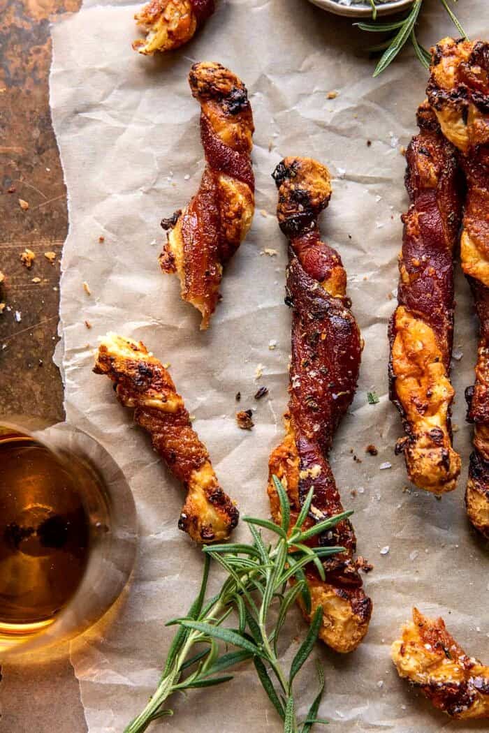 Sweet and Savory Cheesy Bacon Wrapped Puff Pastry Twist | halfbakedharvest.com overhead photo of Sweet and Savory Cheesy Bacon Wrapped Puff Pastry Twist