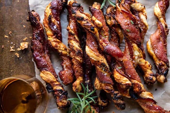 Sweet and Savory Cheesy Bacon Wrapped Puff Pastry Twist | halfbakedharvest.com overhead horizontal photo of Sweet and Savory Cheesy Bacon Wrapped Puff Pastry Twist