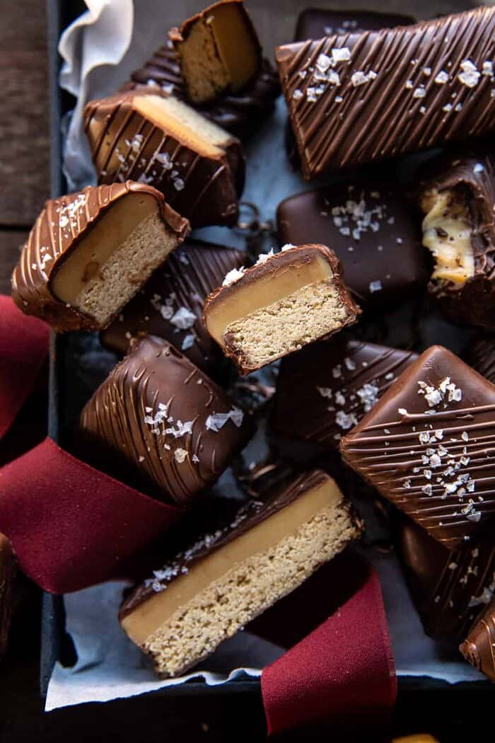 overhead close up photo of Chocolate Covered Brown Butter Millionaire’s Bars