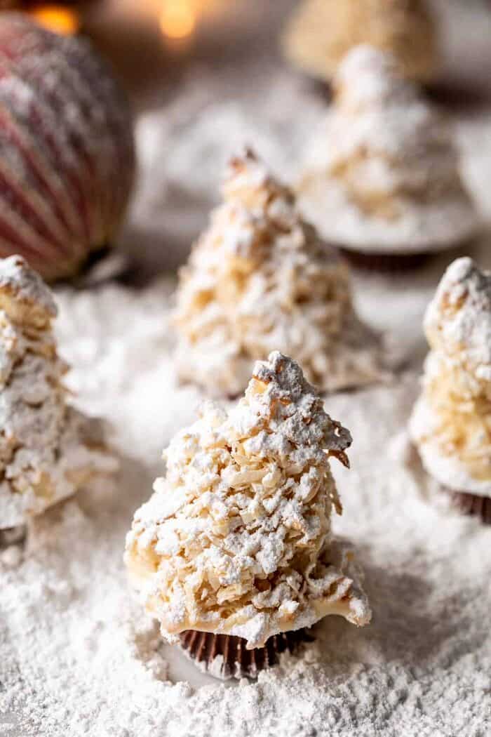overhead photo of Easy Vanilla Sugar Dusted Macaroon Trees