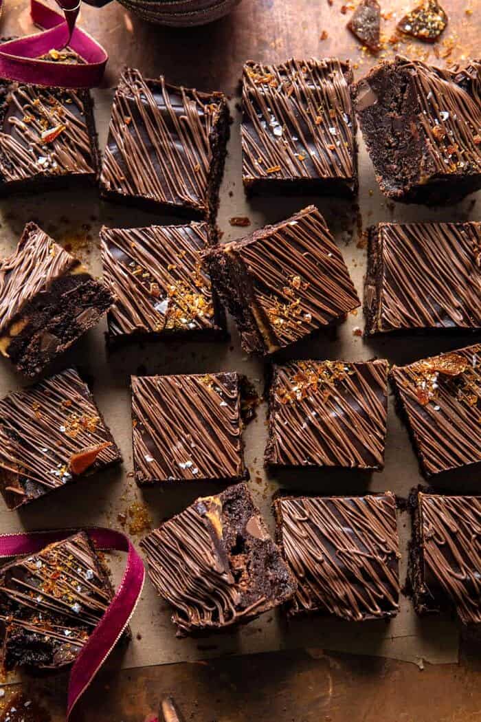 overhead photo of Milk Chocolate Peanut Butter Truffle Brownies