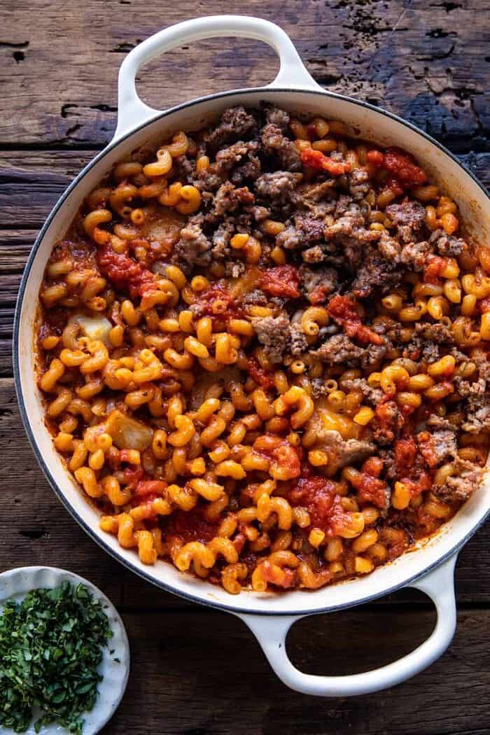 One Pot Spicy Alla Vodka Pizza Pasta | halfbakedharvest.com prep photo of pasta before baking