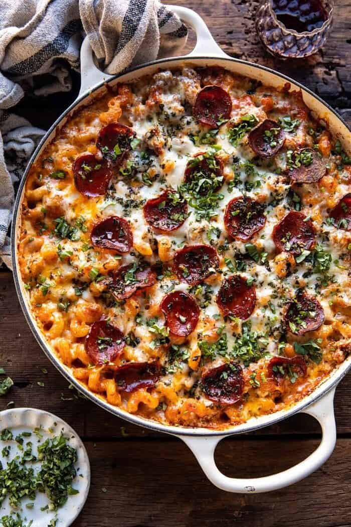 One Pot Spicy Alla Vodka Pizza Pasta | halfbakedharvest.com overhead photo of One Pot Spicy Alla Vodka Pizza Pasta