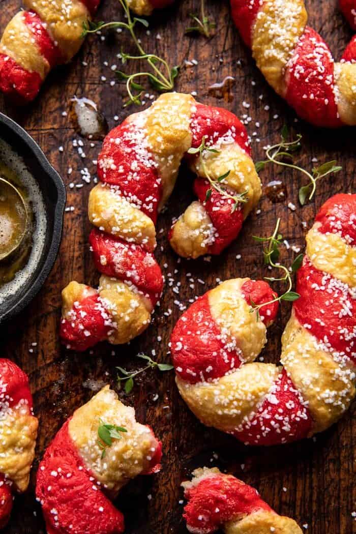 overhead photo of Salted Garlic Butter Candy Cane Bagels 