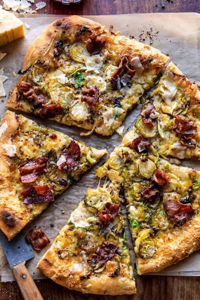 Shredded Brussels Sprout and Bacon Pizza | halfbakedharvest.com overhead photo of Shredded Brussels Sprout and Bacon Pizza