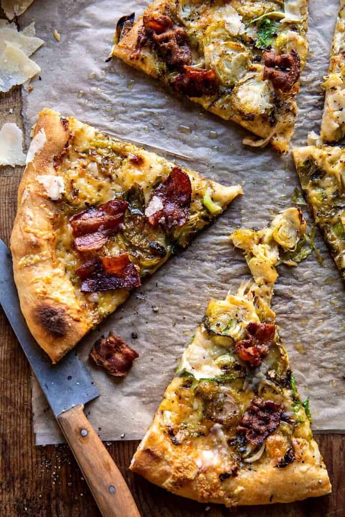 Shredded Brussels Sprout and Bacon Pizza | halfbakedharvest.com overhead photo of Shredded Brussels Sprout and Bacon Pizza