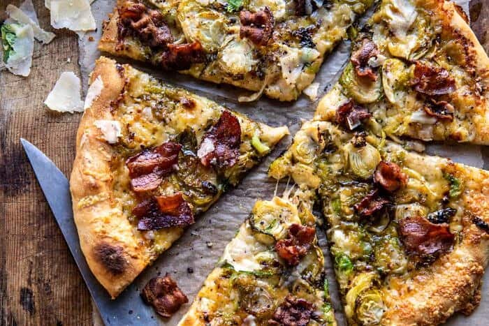 Shredded Brussels Sprout and Bacon Pizza | halfbakedharvest.com overhead horizontal photo of Shredded Brussels Sprout and Bacon Pizza