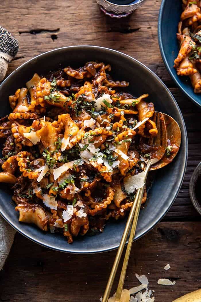 Slow Cooker Red Wine Braised Short Rib Pasta | halfbakedharvest.com overhead photo of Slow Cooker Red Wine Braised Short Rib Pasta